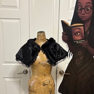 Pretty Angel black beaded sequins shrug faux fur One Size NEW steampunk retro